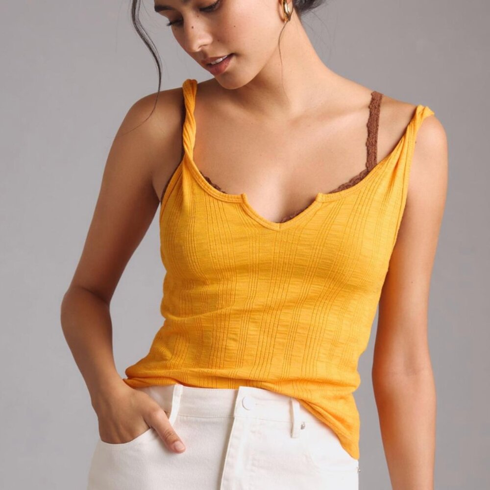 🥭🧡 ANTHROPOLOGIE 🥭🧡 Pilcro Ribbed Notch Tank Mango NWT L Large